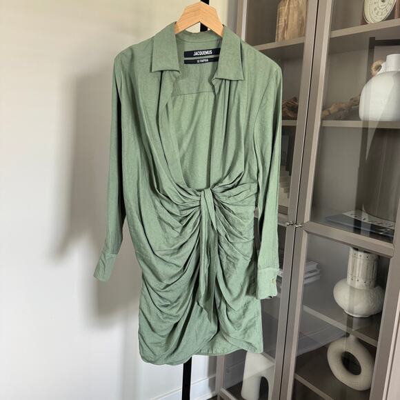 Jacquemus Le Raphia Shirt Dress Draped La Robe Bahia Sage Green Mini Dress 34 2 - Picture 2 of 7